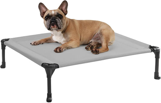 Veehoo Outdoor Elevated Dog Cot Bed, Cooling Raised Pet Bed for Medium Dogs, Washable Breathable Mesh Hammock Bed with No-Slip Feet, Indestructible Ground Off Training Platform Cot-32"x25" Grey