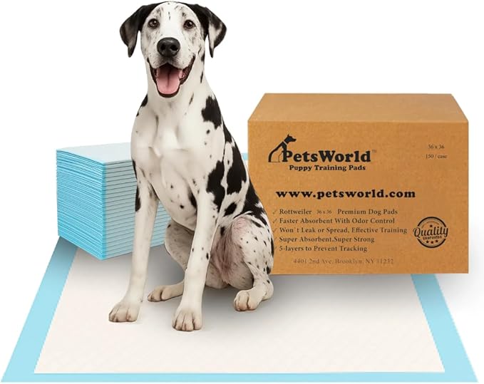 PETSWORLD Giant Dog Potty Pads, Odor-Eliminating, 36" x 36", Ultra Absorbent 5-Layer Leak-Proof Training Pads for Dogs & Cats (36x36, 150 Count)