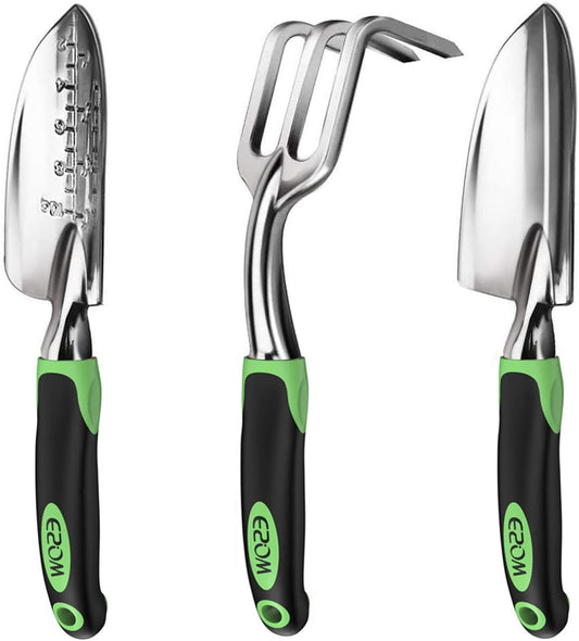 ESOW Garden Tool Set, 3 Piece Cast-Aluminum Heavy Duty Gardening Kit Includes Hand Trowel, Transplant Trowel and Cultivator Hand Rake with Soft Rubberized Non-Slip Ergonomic Handle, Garden Gifts