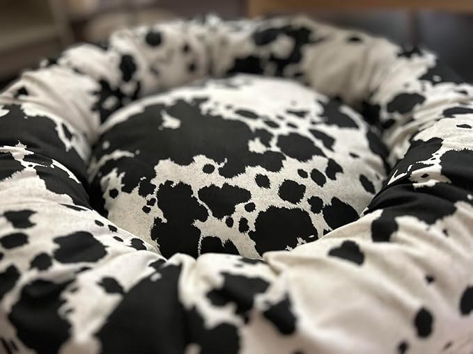 Organic Cotton Canvas Dog Bed: Removable Cover, Natural Fill - Made in USA (Cow Print Black White, Medium 28" x 8" inches)