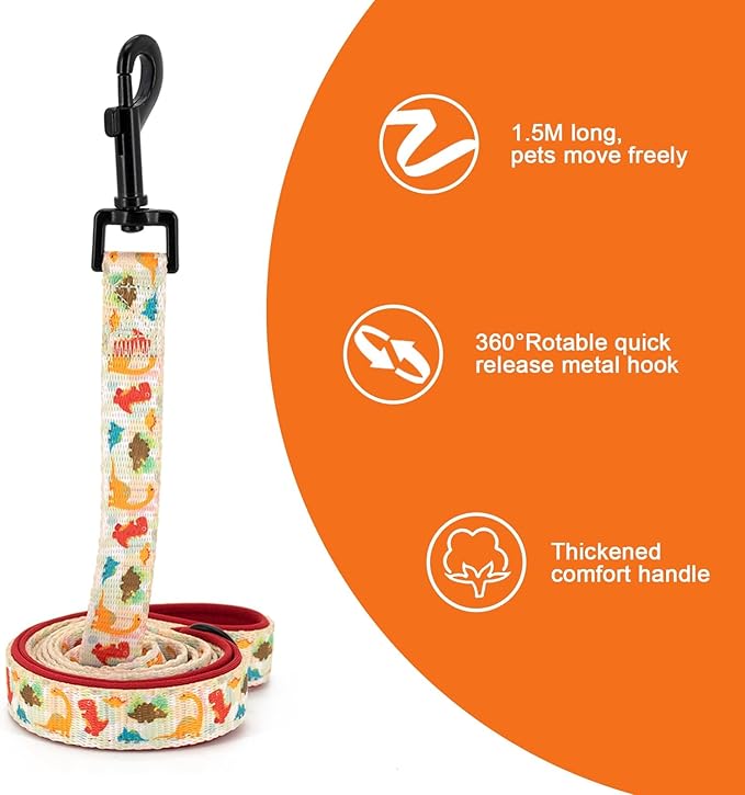 Adjustable Dog Harness and Leash Set for Girl Air Mesh Dog Vest Harness 5Ft Pet Training Leash with Soft Handle Pet Escape Proof for Small Medium Large Dogs (Dinosaur, M)