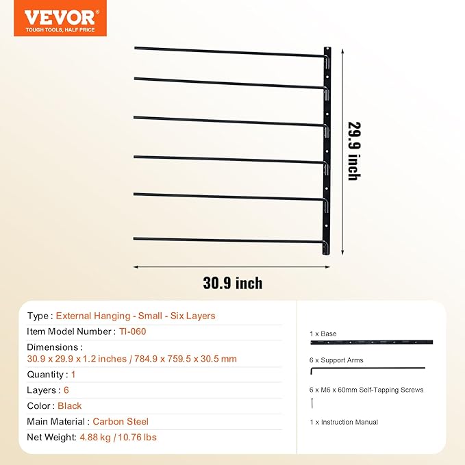 VEVOR Wall Mounted Saddle Rack, 30.9 x 29.9 x 5.5 in, Swing Out Saddle Holder, Six Tiers Horse Saddle Stand, Space Saving Horse Pad and Blanket Rack for Tack Room Organization Trailer Accessories