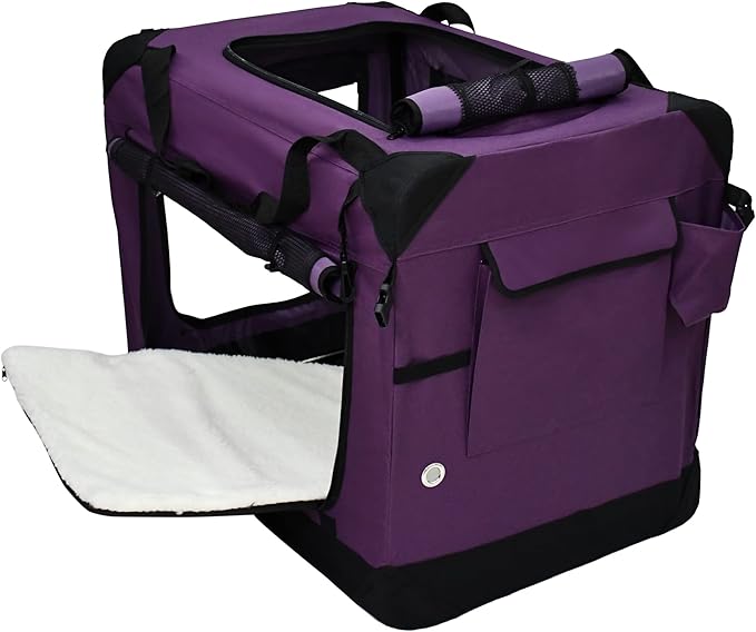 EliteField 4-Door Folding Soft Dog Crate with Curtains, Carrying Bag and Fleece Bed (2 Year Warranty), Indoor & Outdoor Pet Home (24" L x 18" W x 21" H, Purple+4 Door Curtains)