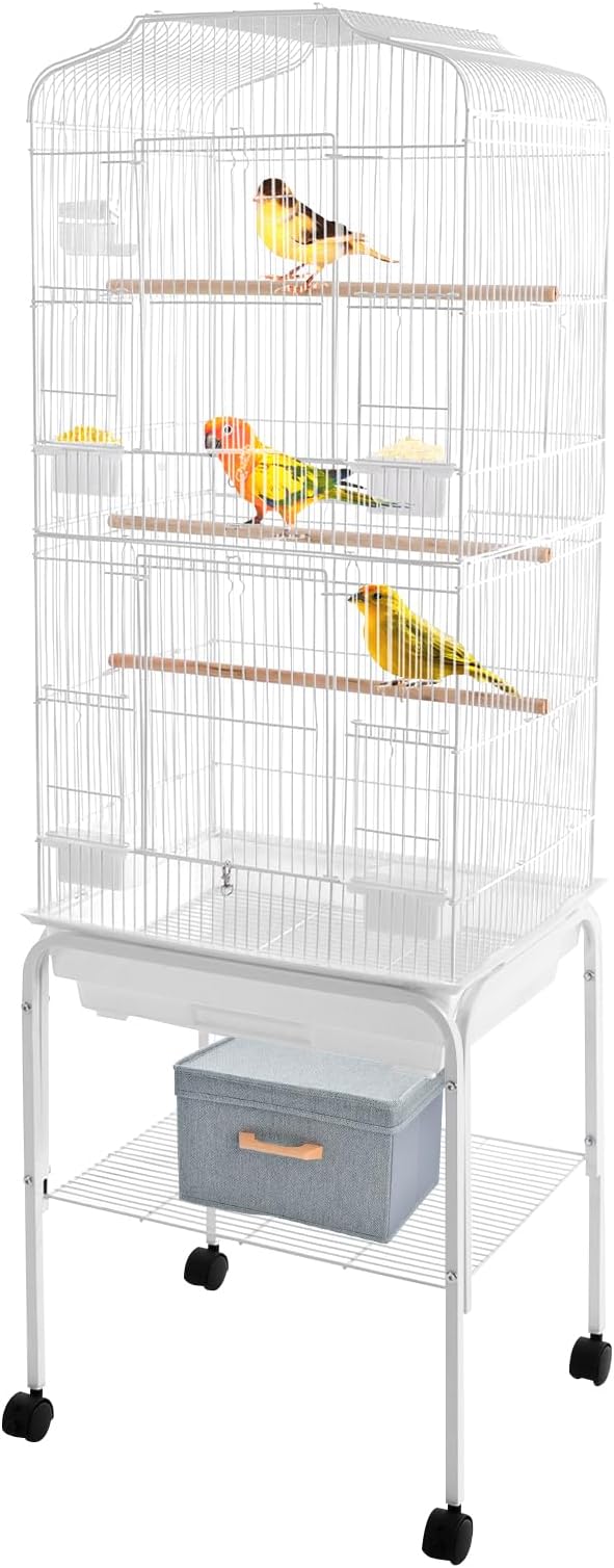 Freestanding Bird Cage Large Bird Cage with 4 Feeding Bowls & Waterer & 4 Universal Wheels & 2*Brake & Storage Rack & Slide-Out Tray & Mesh Panel Budgie Aviary for Balconies, in Homes, Shop（White）