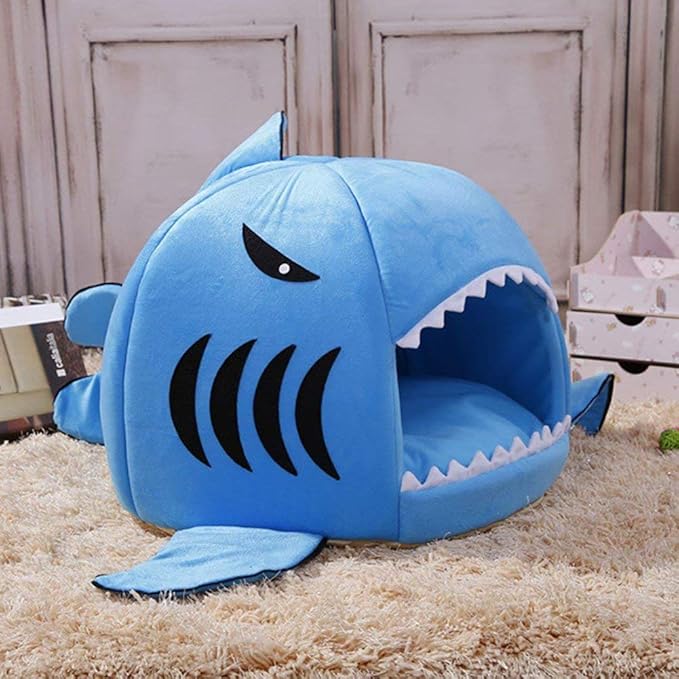 Shark Shaped Pet Dog Puppy Bed Warm Cat Bed House Nest for Autumn Winter Blue XXS