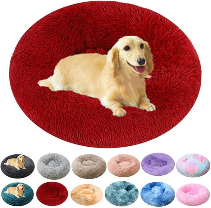 Calming Small Dog Bed & Cat Bed, 16 Inch Donut Fluffy Anti-Anxiety Round Bed Washable Cute Bed, Cuddler Warming Cozy Soft Bed, Plush Cushion Bed for Small Medium Dogs and Cats (Red)