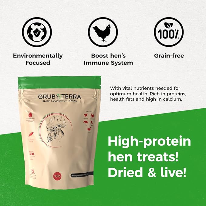 GrubTerra Golden Dried Black Soldier Fly Larvae - Premium Supplement to Increase Egg Production for Hen Treats, Bird Feed, Chicken Feeder, Pet Bird Food, and Wildbird Feed, Never from China! (10lb)