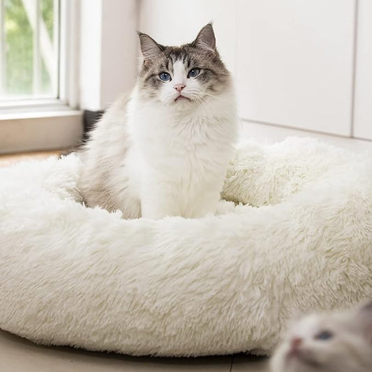 Anti Anxiety Round Fluffy Plush Faux Fur Warm Washable Dog Bed & Cat Bed, Original Bed for Small Medium Large Pets,Used to Relieve Joints and Improve Sleep（20"/24"/27''） (24", White)