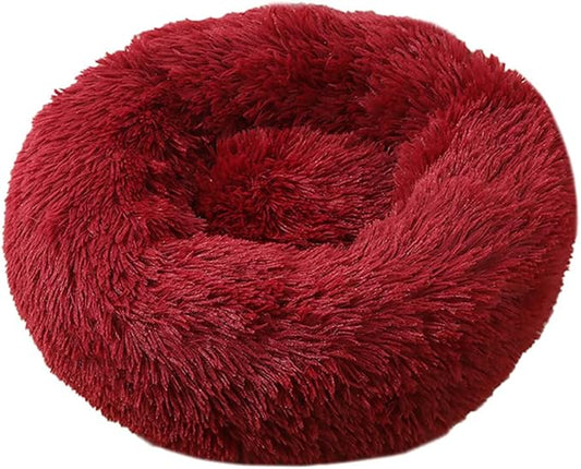 Calming Faux Fur Dog Beds Calming Donut Cuddler Dog Bed Washable Round Cat Bed Pillow Cuddler Fluffy Indoor Dog Calming Beds with Anti Slip Bottom Solid Color Dark Red 21 Inch