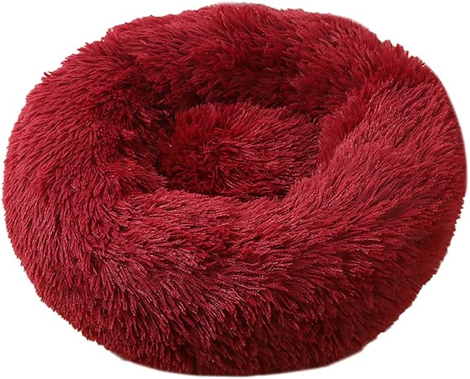 Calming Faux Fur Dog Beds Calming Donut Cuddler Dog Bed Washable Round Cat Bed Pillow Cuddler Fluffy Indoor Dog Calming Beds with Anti Slip Bottom Solid Color Dark Red 39 Inch