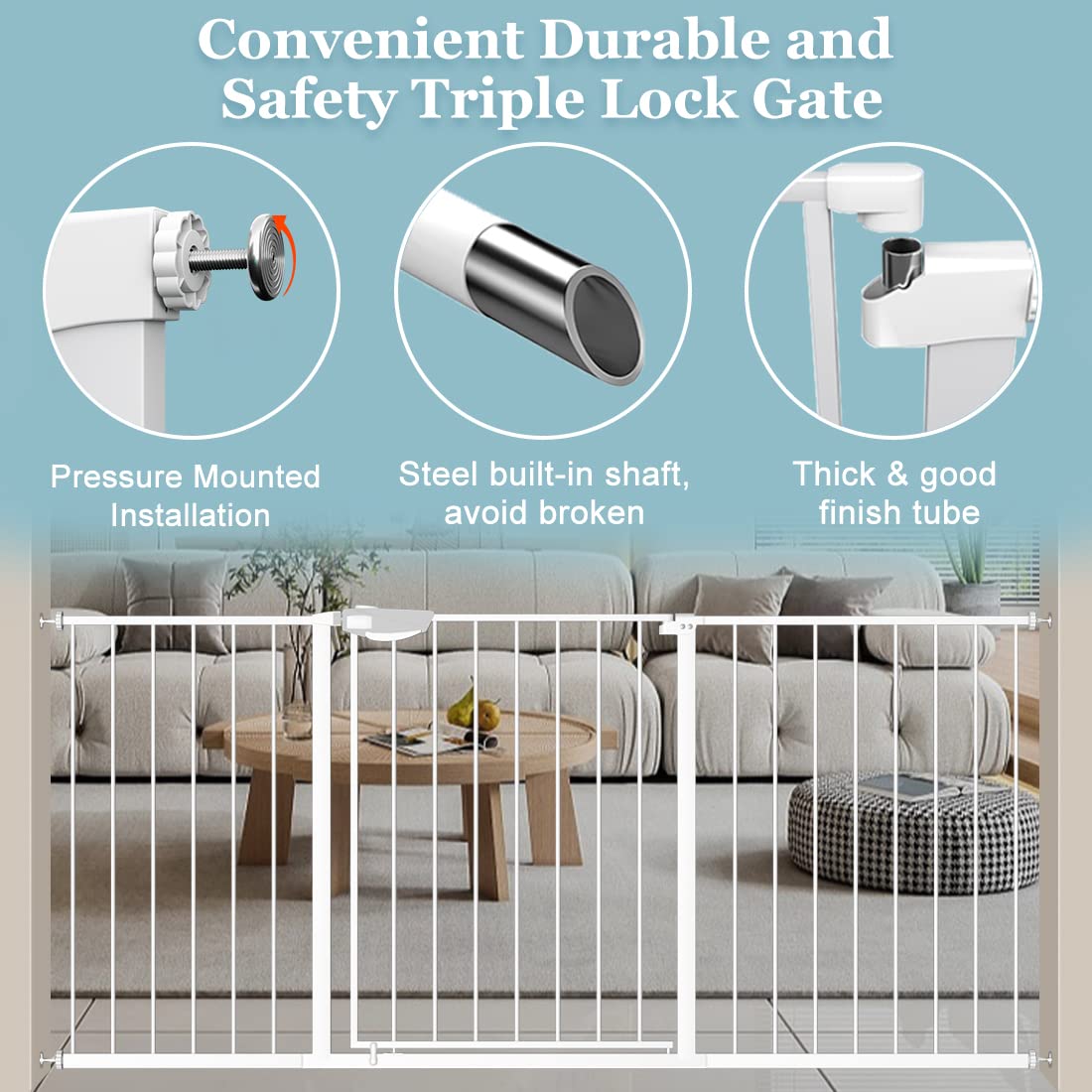 WAOWAO Triple Lock Baby Gate Extra Wide 31.1-35.04" Pressure Mounted Walk Through Swing Auto Close Safety White Metal Dog Pet Puppy for Stairs,Doorways,Kitchen
