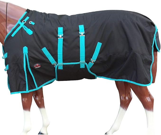 HILASON Black with Turquoise Trims 69 inch 1200D Winter Waterproof Poly Horse Turnout Blanket Belly Wrap