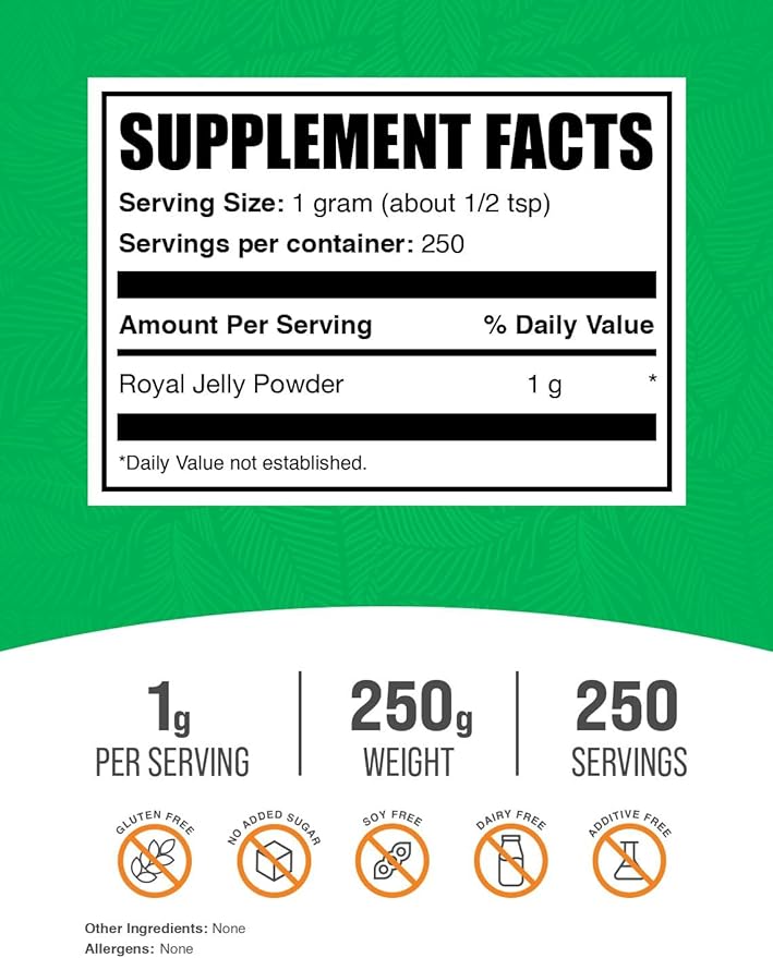 BulkSupplements.com Royal Jelly Powder - Royal Jelly Supplement, Royal Jelly 1000mg - for Immune Support, Gluten Free, 1000mg per Serving, 250g (8.8 oz) (Pack of 1)
