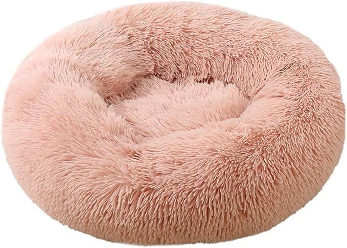 Calming Faux Fur Dog Beds Calming Donut Cuddler Dog Bed Washable Round Cat Bed Pillow Cuddler Fluffy Indoor Dog Calming Beds with Anti Slip Bottom Solid Color Peach Pink 27 Inch