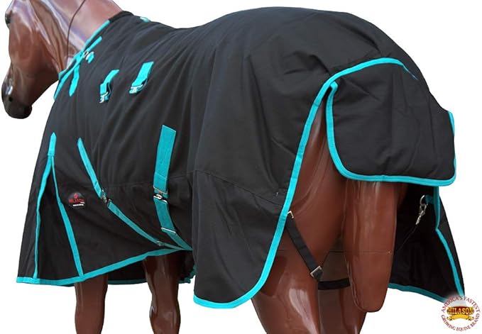 HILASON Black with Turquoise Trims 70 inch 1200D Winter Waterproof Poly Horse Turnout Blanket Belly Wrap