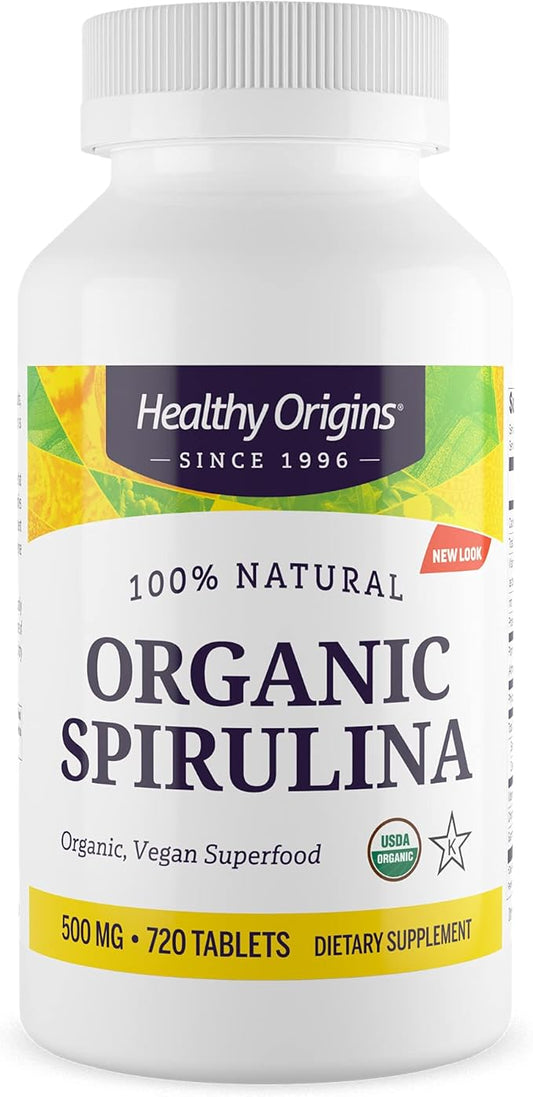 Healthy Origins Spirulina, 500 mg (Organic) - Organic Spirulina Tablet with Vitamin A & Vitamin B12 - Kosher Certified - Vegan, Non-GMO, and Gluten-Free Spirulina Pill - 720 Tablets