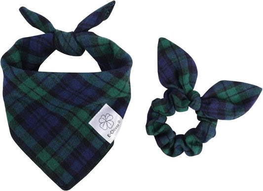 E-Clover Dog Bandanas Boy & Matching Scrunchie Set Plaid Scarf Kerchief for Small Dog Puppy Bandana Pet Owner Blue Green Fall