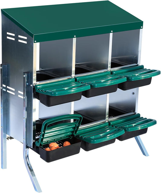 Nesting Boxes for Chickens, Chickens Laying Boxes for Chicken Coop with Legs, 6 Compartments Chicken Nesting Boxes, with Removable Tray, Easy Cleaning, for Hens Outdoor Chicken Coop Farm Yard, Green