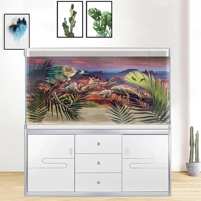 72X24IN Desert Loess Rock Cactus Oasis Reptile Habitat Background, Natural Sunset Desert Themed Terrarium Background, Aquarium Background with 10 EVA Double-Sided Tape