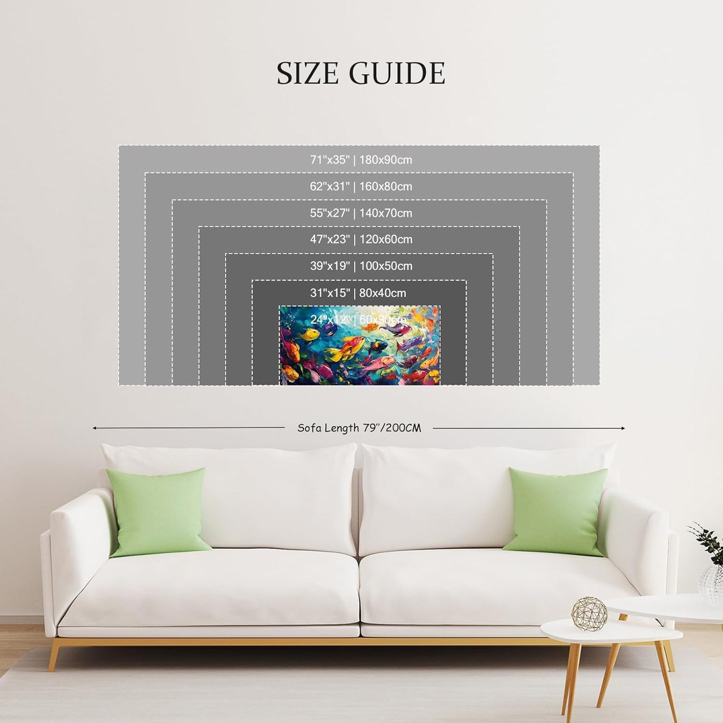 School of Fish Printed Canvas Wall Art – Framed Abstract Ocean Print – Vibrant Fish Wall Decor for Living Room, Bedroom, Office (Gold Framed, 62"x31"|160x80cm)