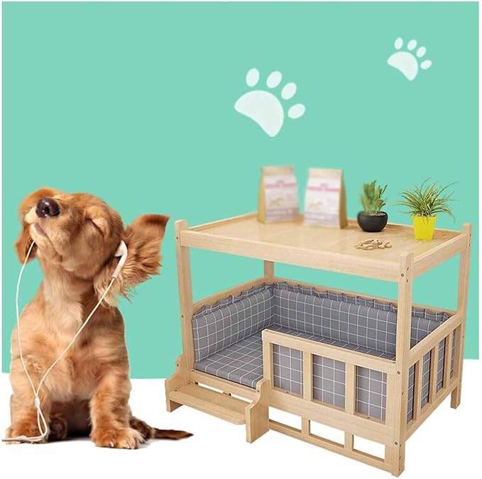 XPLKQXE Dog Bed Wood Platform, Elevated Pet Cushion Bed, Animal Couch with Mattress, Dog Beds & Furniture Rest Cot, Portable Fence Bed Pet Up to 45kg/100lbs(Color:Blue,Size:60x45x65cm)