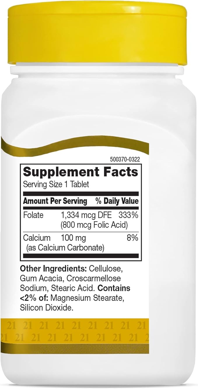 21st Century 800 mcg Folic Acid Tablets, Assorted, 180 Count (Pack of 2)