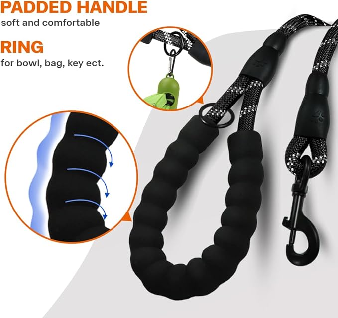 Taglory Rope Dog Leash 4 FT with Comfortable Padded Handle, Highly Reflective Threads Leash and Anti-Tangle Clip for Walking Small Dogs, 3/8 inch, Black
