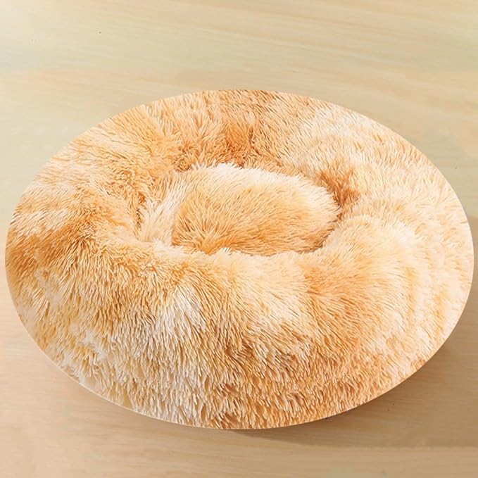 Large Calming Dog Bed, 40 Inch Anti-Anxiety Donut Dog Cuddler Cat Bed, Warming Cozy Soft Dogs Round Bed, Fluffy Faux Fur Machine Washable Pet Cushion for Medium Large Dogs & Cats (Yellow White)