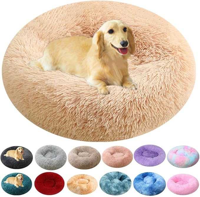 Large Calming Dog Bed, 40 Inch Anti-Anxiety Donut Dog Cuddler Cat Bed, Warming Cozy Soft Dogs Round Bed, Fluffy Faux Fur Machine Washable Pet Cushion for Medium Large Dogs & Cats (Yellow)