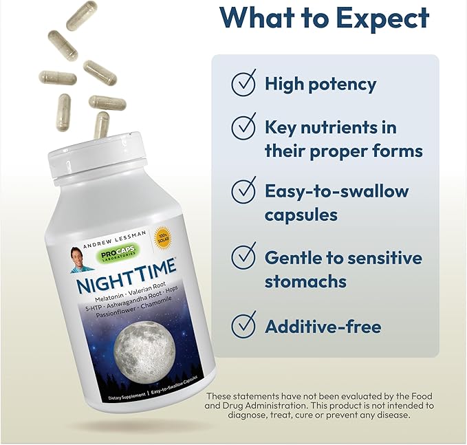 ANDREW LESSMAN Night Time 60 Capsules - 3mg Melatonin, Valerian, Ashwagandha, Passionflower, Hops, Chamomile. No Morning Hangover. Natural Support, Gentle Restful Sleep. Easy to Swallow Capsules
