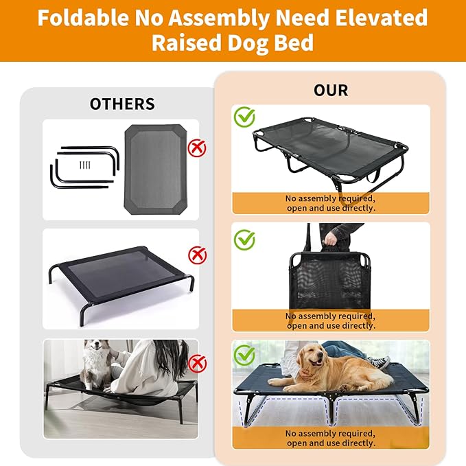 Elevated Dog Bed, Foldable Raised Dogs Bed Outdoor Dog Cots Beds for Large Dogs Cooling Outside Camping Chew-Proof No Assembly Need, Black