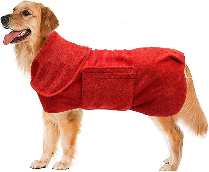Geyecete Dog Drying Coat - Fast Drying Dog Bath Robe Towel - Microfibre Super Absorbent - Luxuriously Soft - Red - XXXL