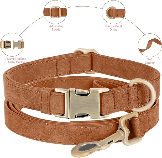 Genuine Leather Dog Collar - Adjustable Pet Collar with Quick Release Metal Buckle, Soft Skin Friendly Real Leather Collar for Small, Medium, Large Dogs (Khaki, L：Fit 15-23" Neck)