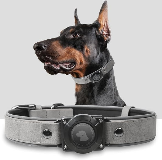 AirTag Dog Collar - Leather Dog Collar with Air Tag Holder | IPX8 Waterproof, Reflective, High - End, Adjustable Soft Padded | Dog GPS Tracker Collars Fit for Medium Large Dogs (Grey, L)