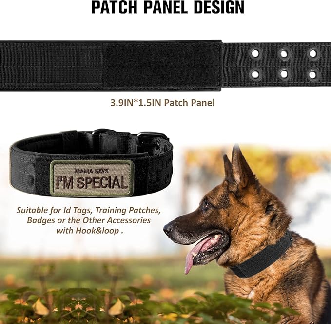Tactical Dog Collar Military Adjustable Dog Collars Soft Nylon Training Collar with Patch Heavy Duty Metal Buckle Collars for Medium Large Dogs (Black-1, L)