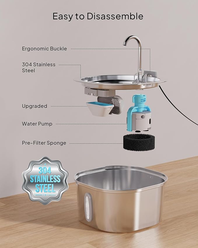 PEKTACO Stainless Steel Cat Water Fountain, 3.2L/108oz Cat Water Dispenser with Quiet Water Pump and Water-Level Window, Dishwasher Safe Pet Drinking Fountain for Cats with 6 Filters + 6 Sponges