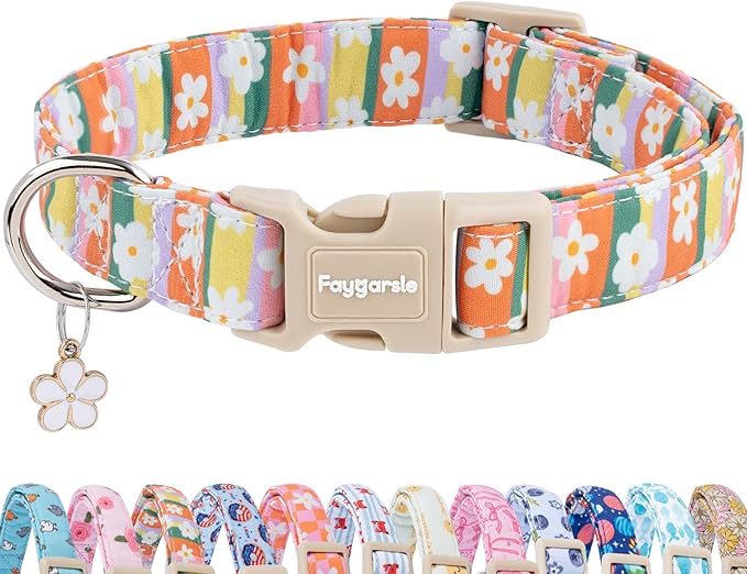 Faygarsle Colorful Floral Dog Collar, Cotton Fabric with Daisy Pattern, Multi-Color Stripes Spring Summer Design for Small Medium Large Dogs XS