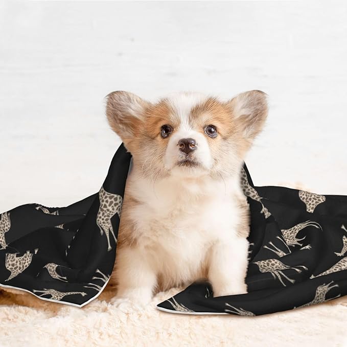 Reversible Plush Throw for Dogs and Cats, Giraffe Leopard Print On Black, Double Sided Blanket with Nubby Dot Side and Sleek Side Ideal for Cuddling Nesting Security