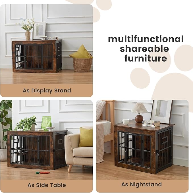 38 Inch Heavy Duty Dog Crate Furniture for Medium Dogs, Decorative Pet House End Table with 3 Doors & Adjustable Bowls, Wooden Cage Kennel Furniture Indoor, Rustic Grey