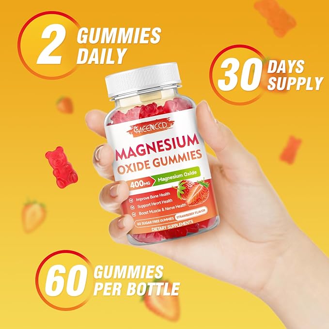 2 Pack Magnesium Oxide Gummies 400mg, Chewable Magnesium Oxide Supplement for Adults & Kids, Nerve & Muscle Support, Non-GMO, Sugar-Free, Strawberry Flavor, 120 Count