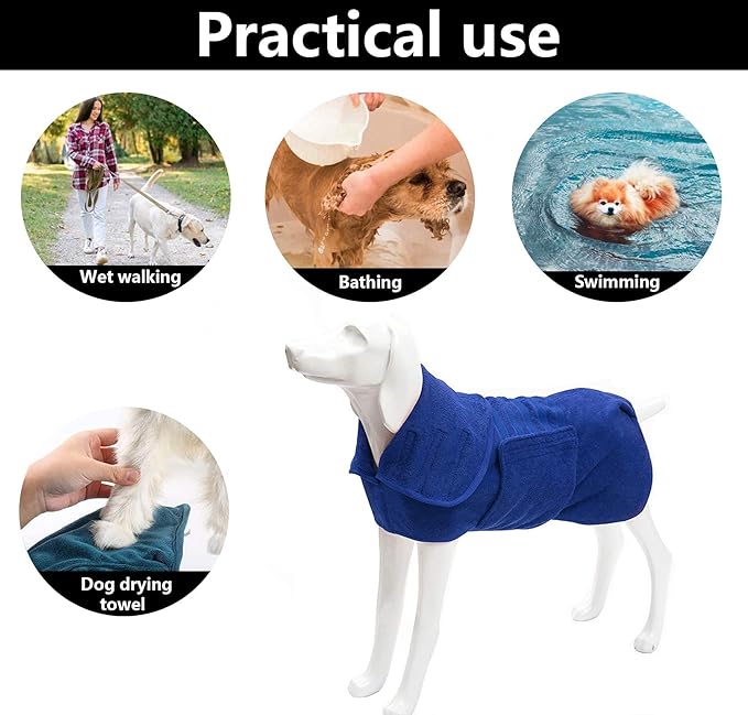 Geyecete Dog Drying Coat - Fast Drying Dog Bath Robe Towel - Microfibre Super Absorbent Pet Cat Bath Towel, Luxuriously Soft Blue M