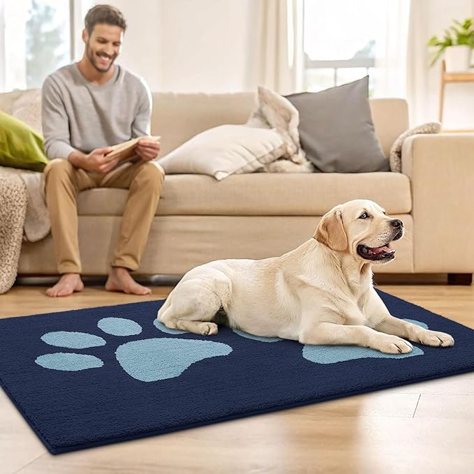 Buganda Dog Door Mat for Muddy Paws, Absorbent Dirt Trapper Washable Indoor Doormats, Non Slip Low-Profile Mud Mat for Dogs, Front Entrance Doormat for Inside Floor (36x24 Inches, Dark Blue)