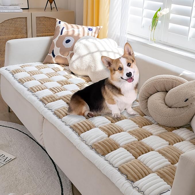 FunnyFuzzy Cream-Coloured Plaid Square Pet Mat Bed Couch Cover, Winter Thickened Dog Bed Cover Pet Blanket Sofa Couch Furniture Protector for Kids Dog Cat(Size:17.7 * 17.7 in,Color:Brown)