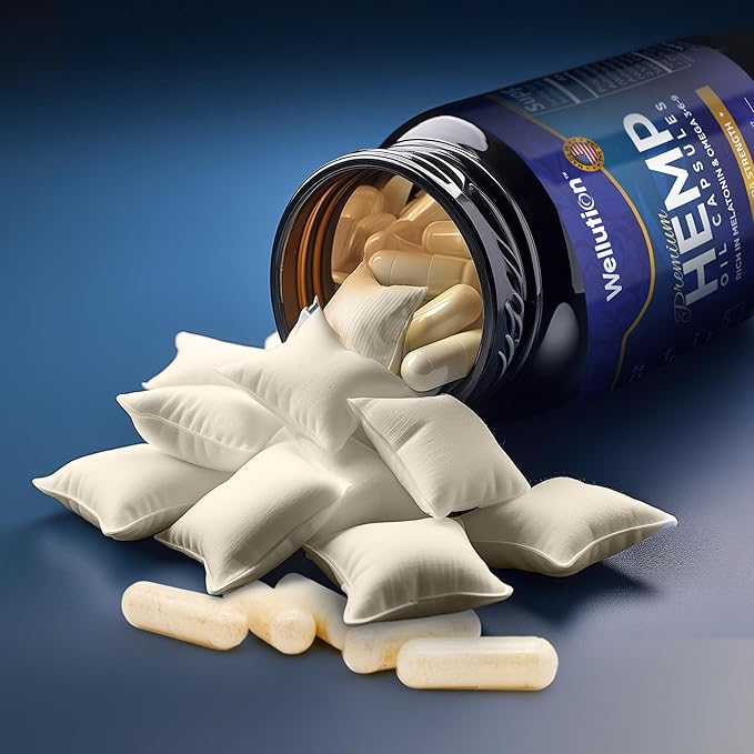 WELLUTION Hemp Oil Capsules - 120 Count - Stress & Sleep Support with Ashwagandha & Melatonin - Made in USA