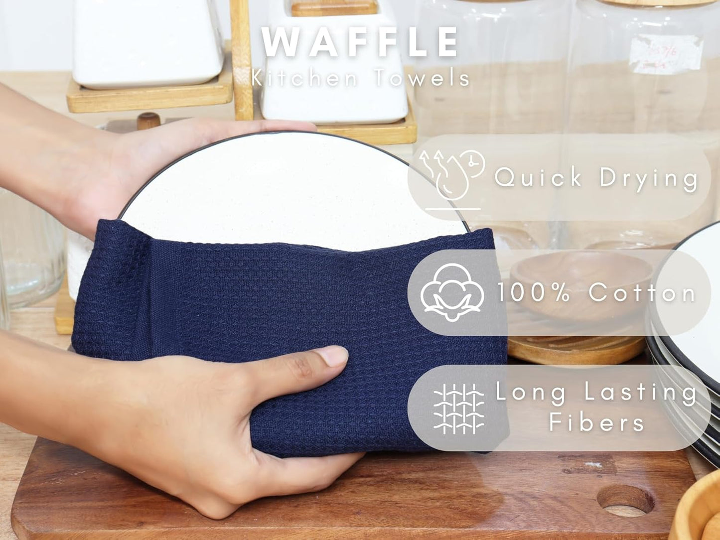 PurpleEssences Waffle Weave Kitchen Towel, 100% Cotton - 15 x 25 Inches, with Hanging Loop Ultra Soft Absorbent Quick Drying Dish Cloth, Tea and Hand Towels, 4 Pack - Navy Blue