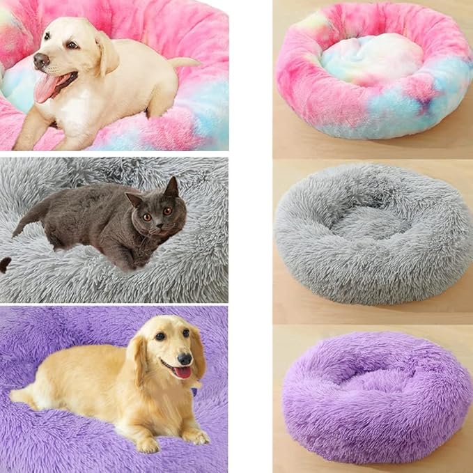 Large Calming Dog Bed, 40 Inch Anti-Anxiety Donut Dog Cuddler Cat Bed, Warming Cozy Soft Dogs Round Bed, Fluffy Faux Fur Machine Washable Pet Cushion for Medium Large Dogs & Cats (Dark Grey)