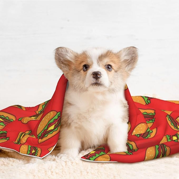 Double Sided Plush Pet Blanket with Cozy Dot Texture and Smooth Reverse, Burger Hamburger Pattern Red, Reversible Throw for Dogs Cats on Couches Beds Crates