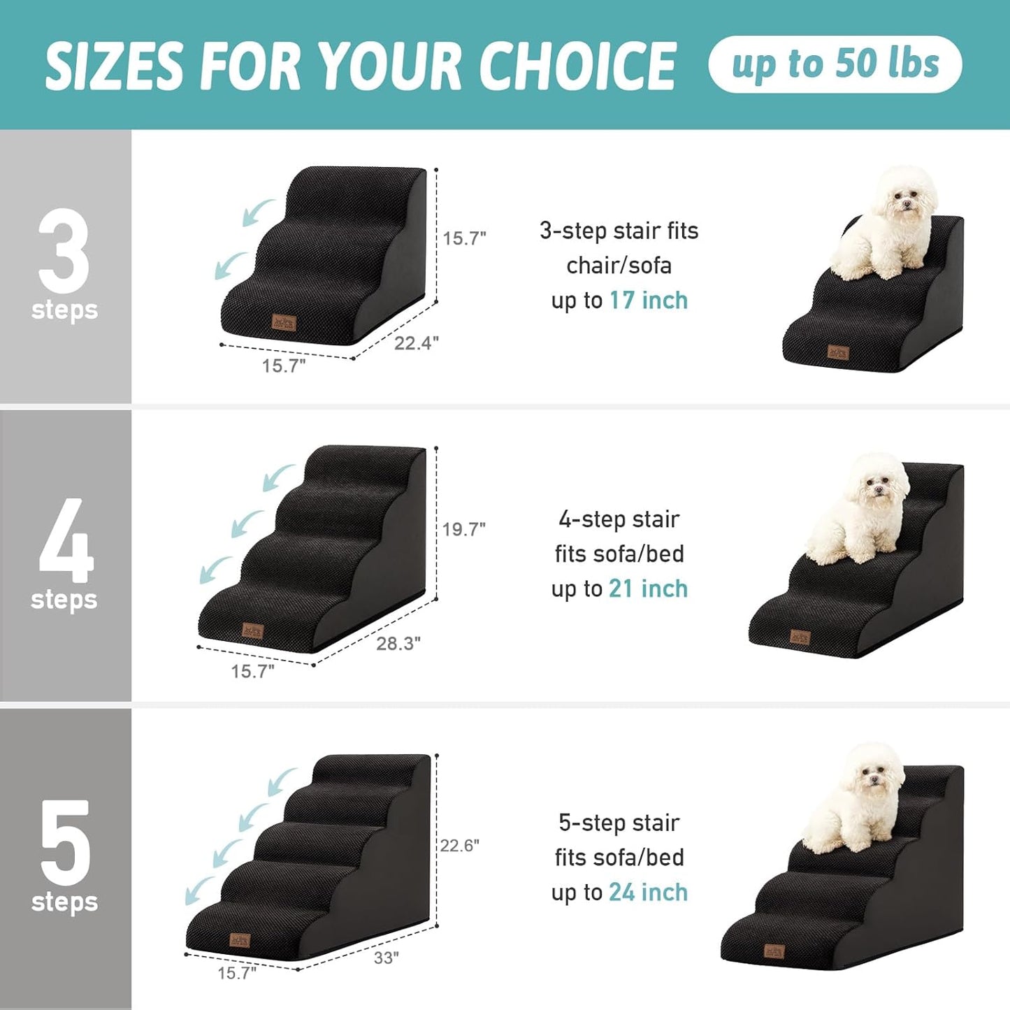 Dog Stairs for Small Dogs 19.7" H, Curved Dog Step for Puppy, Older or Cat, Medium Pet Ramp for Sofa, Couch or Bed, Ladder with High Density Foam, 15.7x28.3x19.7 inch, 4 Step, Black