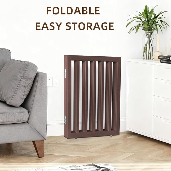 ZJSF Freestanding Indoor Dog Gate for House Foldable Wood Brown Puppy Gate for Doorways Pet Gate for Stairs Extra Wide Pet Fence 24" Height 4 Panels