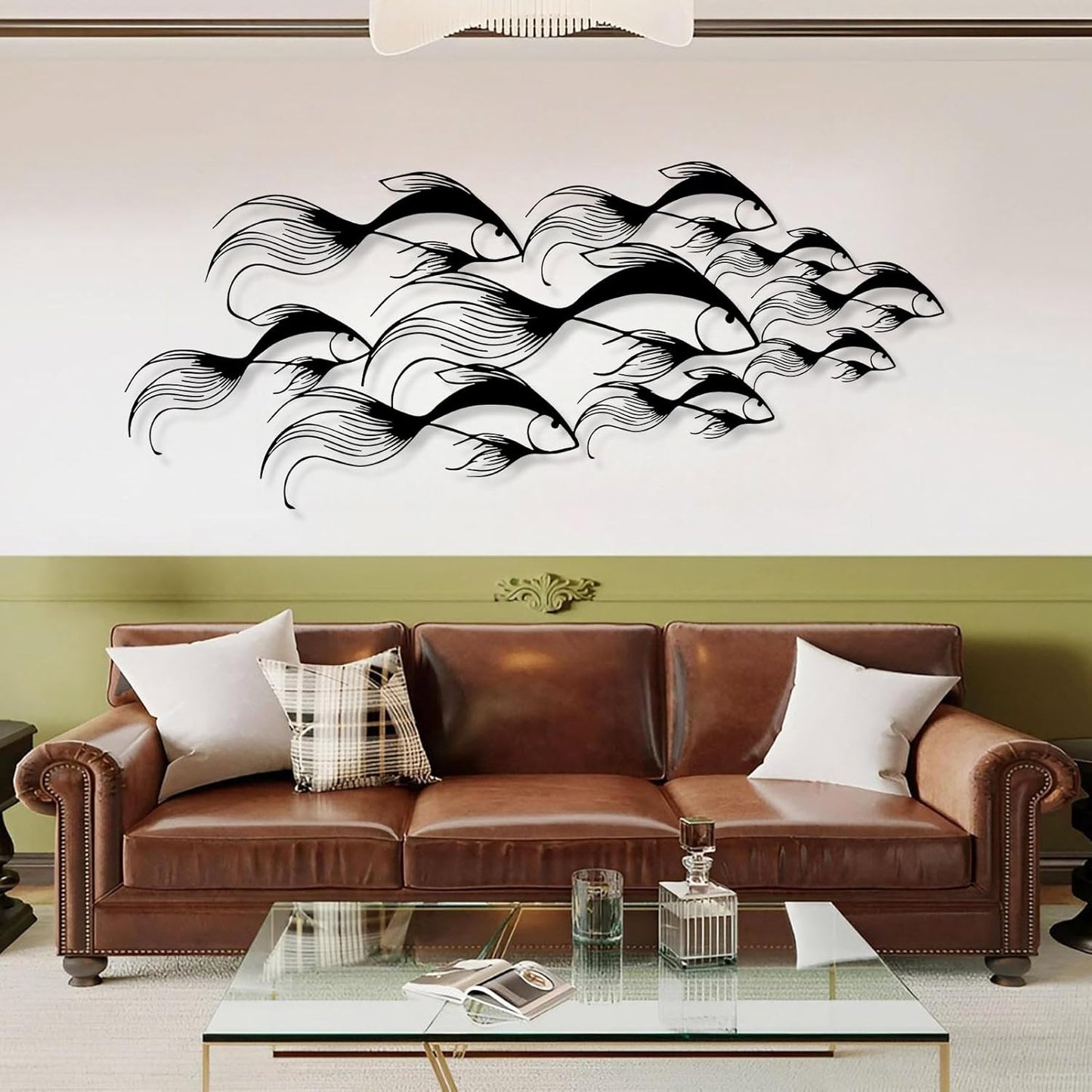 School of Fish Metal Wall Art, Metal Fish Wall Decor, Sea Life Wall Art, Large Nautical Wall Hanging, Modern Beach House Wall Decor, Ocean Themed Artwork for Bathroom (Silver, 48"x20" | 121x51cm)